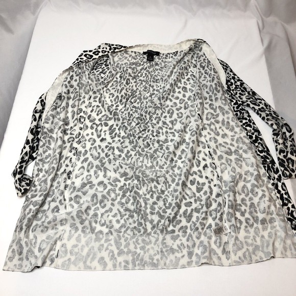 White House Black Market SMALL Long Cardigan Sweater Leopard Print Silver Button - Picture 10 of 11